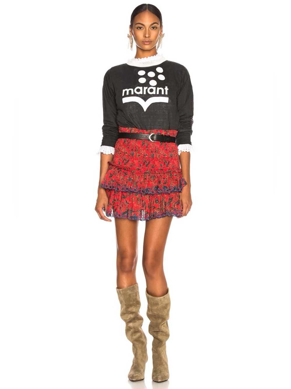 ETOILE ISABEL MARANT Naomi Smocked Floral Eyelet-Trim Tiered Mini Skirt -Size 40